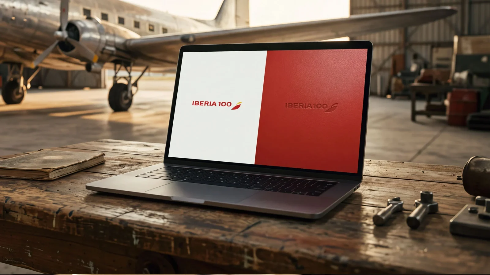 La web del Centenario de Iberia en español y en inglés, en dos pantallas una junto a otra
