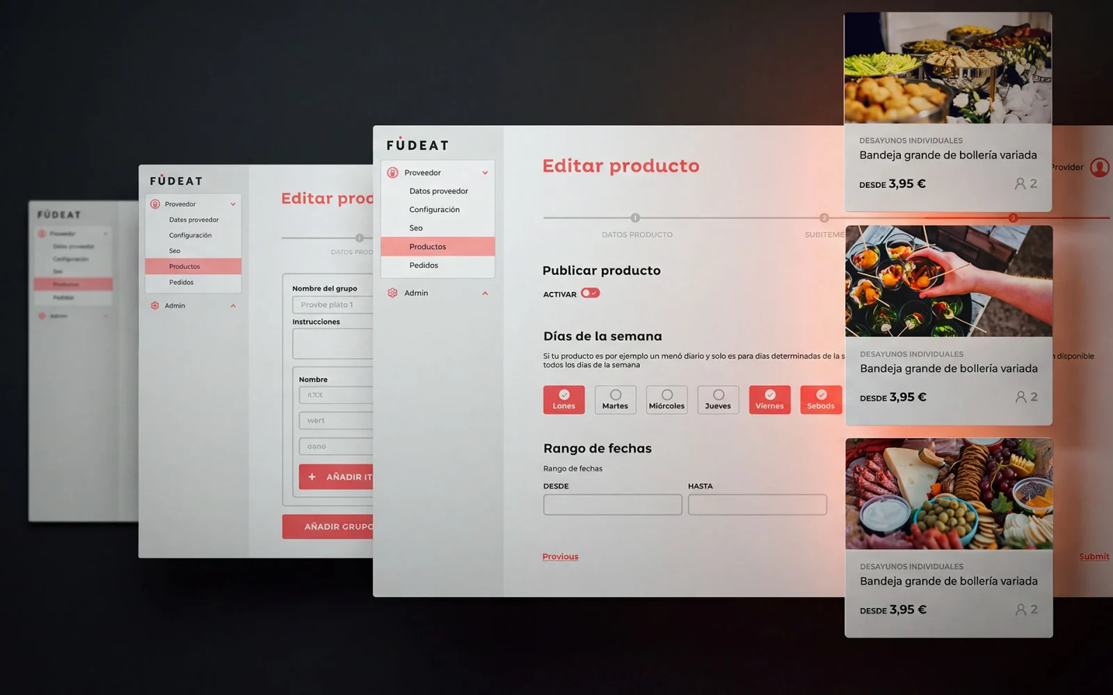 Marketplace de Fudeat con la oferta de varios caterings y restaurantes para los pedidos de comida de una empresa